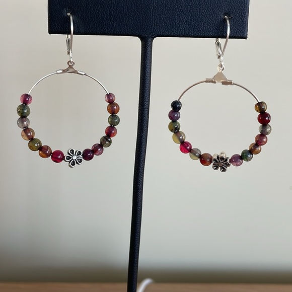 HAND CRAFTED HOOP EARRINGS PIERCED MULTICOLOR AGATE - Picture 5 of 13